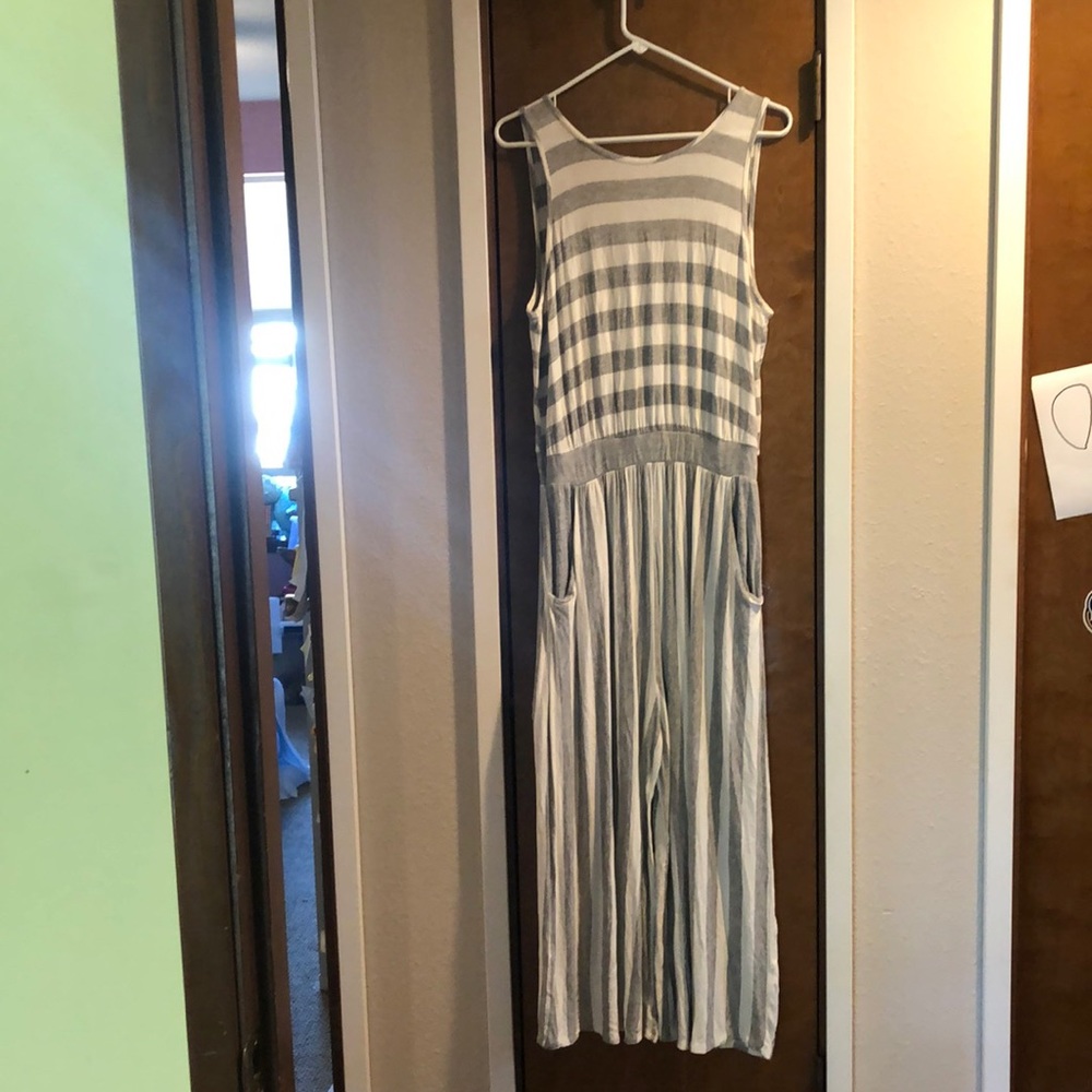 Gray and white striped jumpsuit